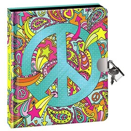 Peaceable Kingdom Paisley Peace Sign Foil Cover 6.25" Lock and Key Diary with Black Pages and Silver Pen