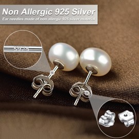 BUKEQILA Women's Earrings Pearl Stud Earrings 925 Sterling Silver Freshwater Cultured Pearl 8 mm Jewellery with Gift Bag Mother's Day Gift for Women