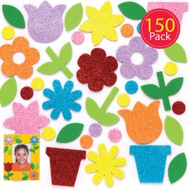 Baker Ross AW337 Flower Garden Glitter Foam Stickers (Pack of 150) Embellishments For Kids Spring Themed Arts and Crafts