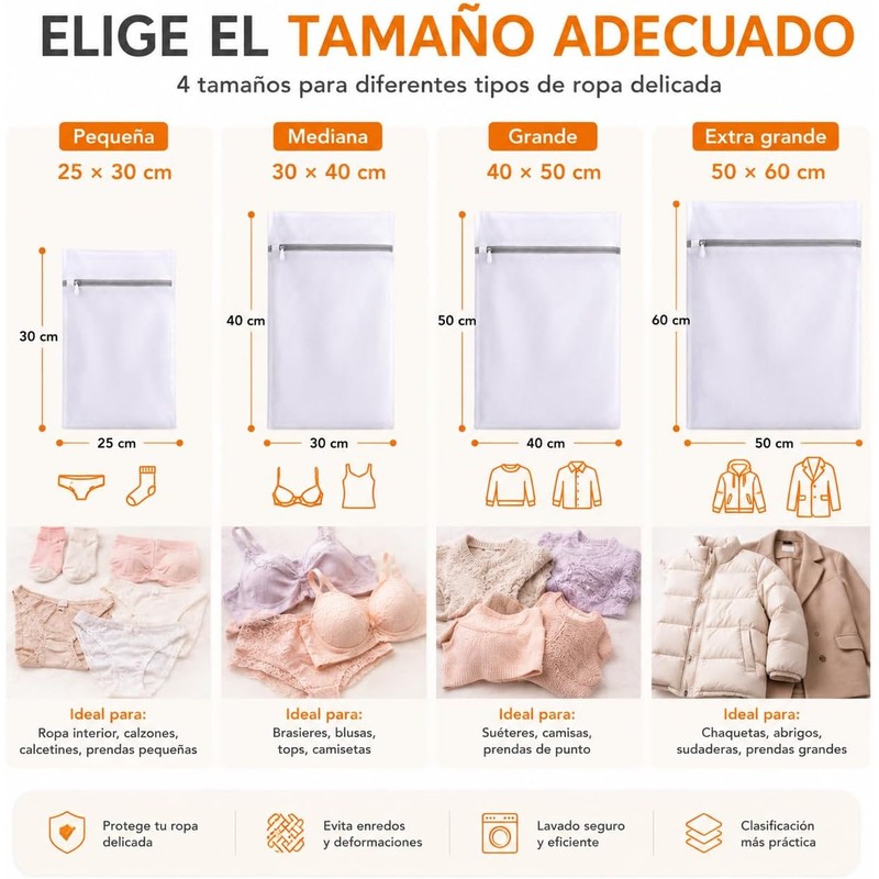 Bolsas para Lavar Ropa, 12 Piezas con Cremallera, 4 Tamaños
