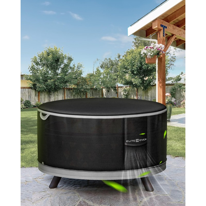 EliteCover Fire Pit Cover Round 32 Inch, 600D Heavy-Duty Waterproof