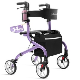 PLANET WALK Super Lightweight Rollator Walker for Seniors, Foldable Rolling Walker with Seat and 8" Rubber Wheels for All Terrain, Upgraded Height Adjustment Button with Cup Holder, Purple
