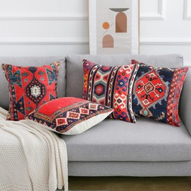 DakTou Set of 4 Decorative Cushion Covers, Turkish Tribal Cushion Cover, 20 x 20 Inches, Square Cushion Cover, Cotton Linen, Kilim Rugs, Pattern, 50 x 50 cm for Outdoor Garden Furniture, Home Decor,