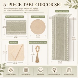 Boho Table Runner and Placemats Set of 6, Modern Farmhouse Dining Table Setting Decor with 1pcs Runner, 12pcs Mats, 6pcs Napkins, 6pcs Wood Bead Rings for Kitchen Party