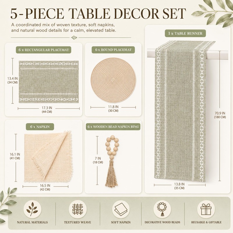 Boho Table Runner and Placemats Set of 6, Modern Farmhouse