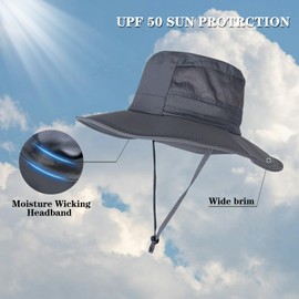 Sun Hat for Men/Women, UPF 50+ Fishing Hat,Waterproof Wide Brim Bucket Hat Foldable Boonie Hat for Hiking Garden Safari Beach Dark Grey