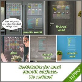 JJPRO Non Magnetic Dry Erase Calendar for Fridge-Reusable Monthly&Weekly Planning Board, List and Blank Board for All Smooth Surfaces. Clear Reusable Board Sticks to Fridge,Wall,Door&Glass