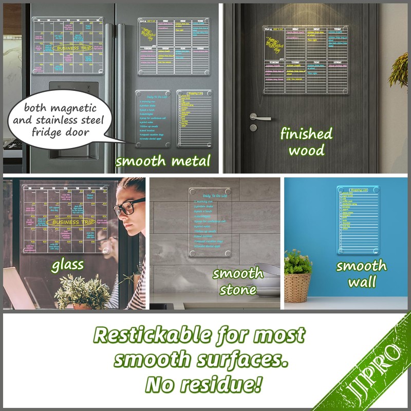 JJPRO Non Magnetic Dry Erase Calendar for Fridge-Reusable Monthly&Weekly Planning