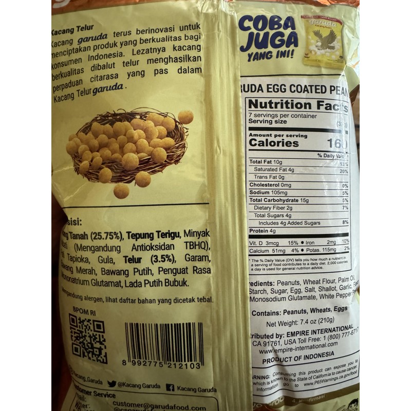 Garuda Egg Coated Peanuts - Kacang Telur Atom - 7.4oz/210gr