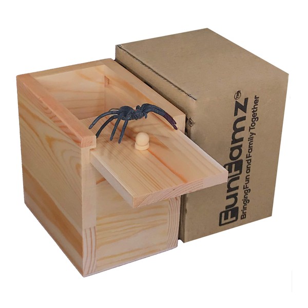 FunFamz The Original Spider Prank Box- Funny Wooden Box Toy Prank, Hilarious Christmas Money Gift Box Surprise Toy and Gag Gift Practical Joke Bromas Kit