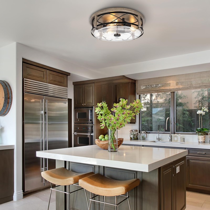 16 Inch Farmhouse Flush Mount Ceiling Light With Seeded Glass,