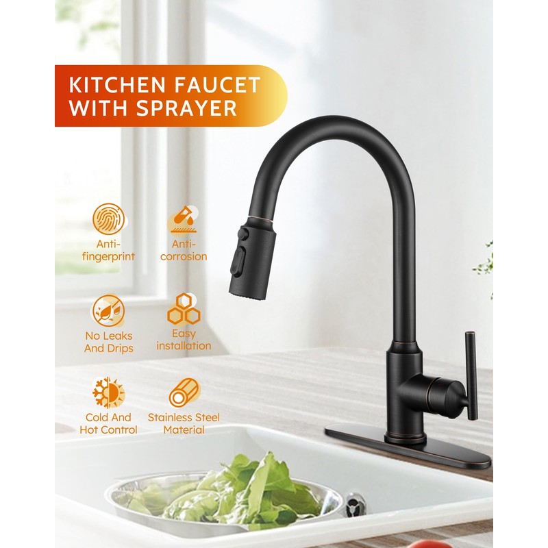 WOWOW Kitchen Faucets with Pull Down Sprayer, Oiled Rubbed Bronze