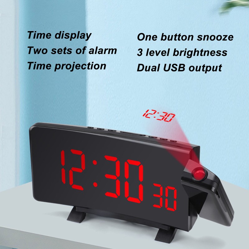Projection Alarm Clock with 2 USB Ports LED Curved Display