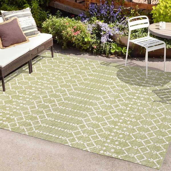JONATHAN Y SMB108N-9 Ourika Moroccan Geometric Textured Weave Indoor Outdoor Area Rug, Bohemian Coastal Traditional Easy Cleaning,Bedroom,Kitchen,Backyard,Patio,Non Shedding, 9 X 12, Light Green/Cream