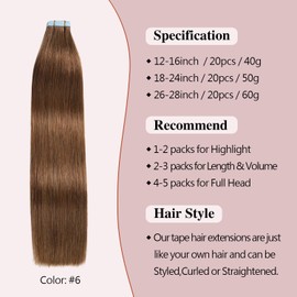 Sunya Tape Hair Extensions Chestnut Brown Tape in Hair Extensions Human Hair 14 inch Tape Extensions Natural Seamless Skin Hair Weft Straight Tape in Human Hair Extensions 40g 20pcs/Pack