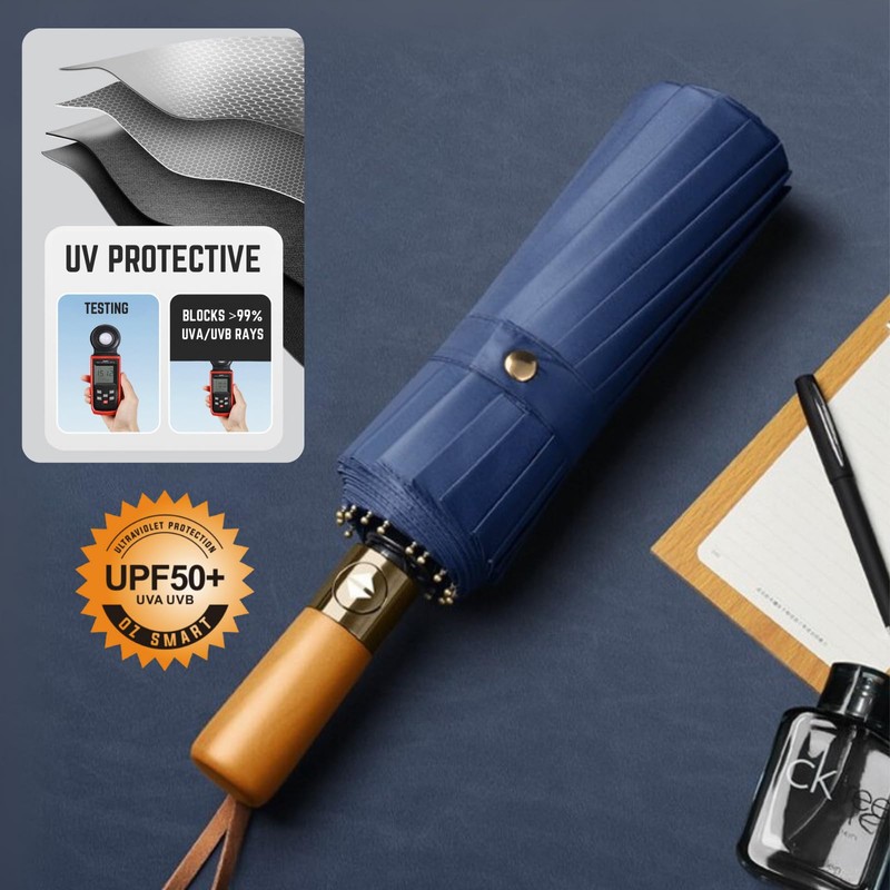 Windproof 12-Rib Auto-Opening Umbrella with Wooden Handle ? Compact Folding