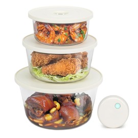 Omni Glass Vacuum Containers Set – 3 Borosilicate Glass Containers with Airtight Vacuum Seal Lids and Handheld Vacuum Sealer