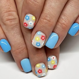 Short Square Press on Nails Blue Fake Nails with Flower designs Stick on Nails Glossy Full Cover Cute False Nails Reusable Floral Glue on Nails for Women Summer Acrylic Nails 24pcs