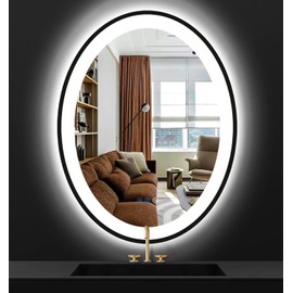 THEKLA 24 x 32 inch Black Frame Oval LED Mirror for Bathroom Wall Oval Lighted Vanity Mirror with Lights Black Frame Anti-Fog Dimmable 3Color Front Lit Oval Smart Mirror 32" Black Oval Light up Mirror