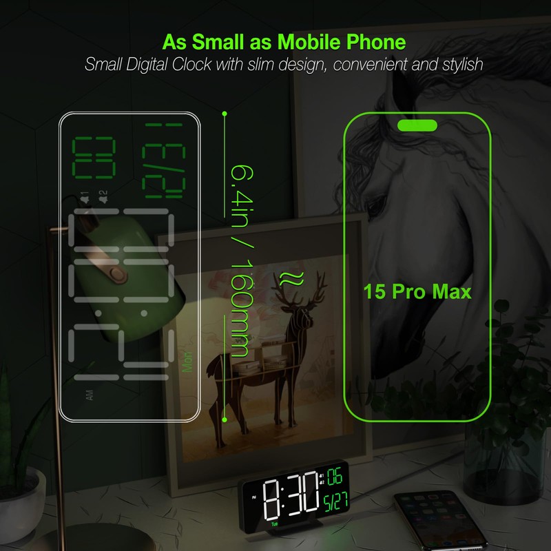 KOSUMOSU Digital Clock for Bedroom, 6.7in Black Alarm Clocks for