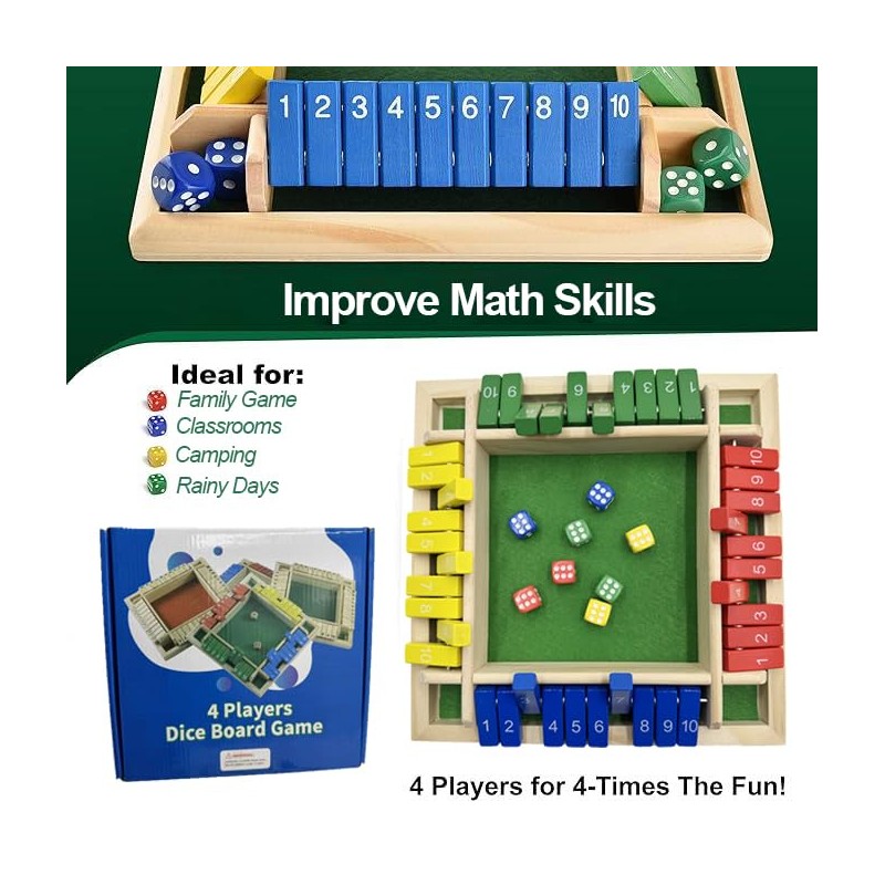 Shut The Box Dice Game,2-4 Player Family Wooden Board Table