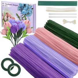 400 Pcs Pipe Cleaners Craft,4 Assorted Colors Pipe Cleaners Bulk, Chenille Stems for DIY Flower Making Kit with Floral Wires, Gardening Tape,Stamen& Ribbon(Purple)