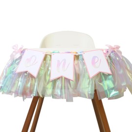 Rainbow High Chair Banner For 1st Birthday，First Birthday High Chair Banner With Tulle Garland，High Chair Fabric Garland For 1st Birthday Party，Colorful Ribbon Highchair Banner For First
