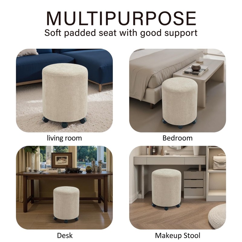 Get Set Style Ottoman with Wheels, Rolling Vanity Stool for