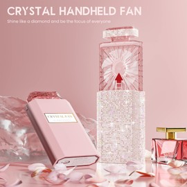 Bling Handheld Personal Fan, Rechargeable with 3 Speeds, Crystal Pull-out Portable Cooling Fan for Girls, Women - Pink Rhinestones