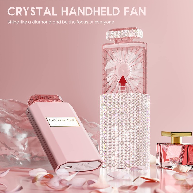 Bling Handheld Personal Fan, Rechargeable with 3 Speeds, Crystal Pull-out