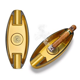 HANCIGAR Cigar Ashtray,Resin Travel Ashtray with 2 Cigar Holders for Indoor Outdoor Patio Home Office Use (Gold)