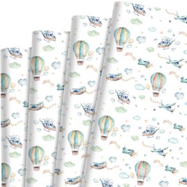 Sanixin 12 Sheets 20 x 28 Inches Airplane Wrapping Paper Helicopter Hot Air Balloons Gift Wrapping Paper for Baby Shower Birthday Party Decor (Hot Air Balloons)
