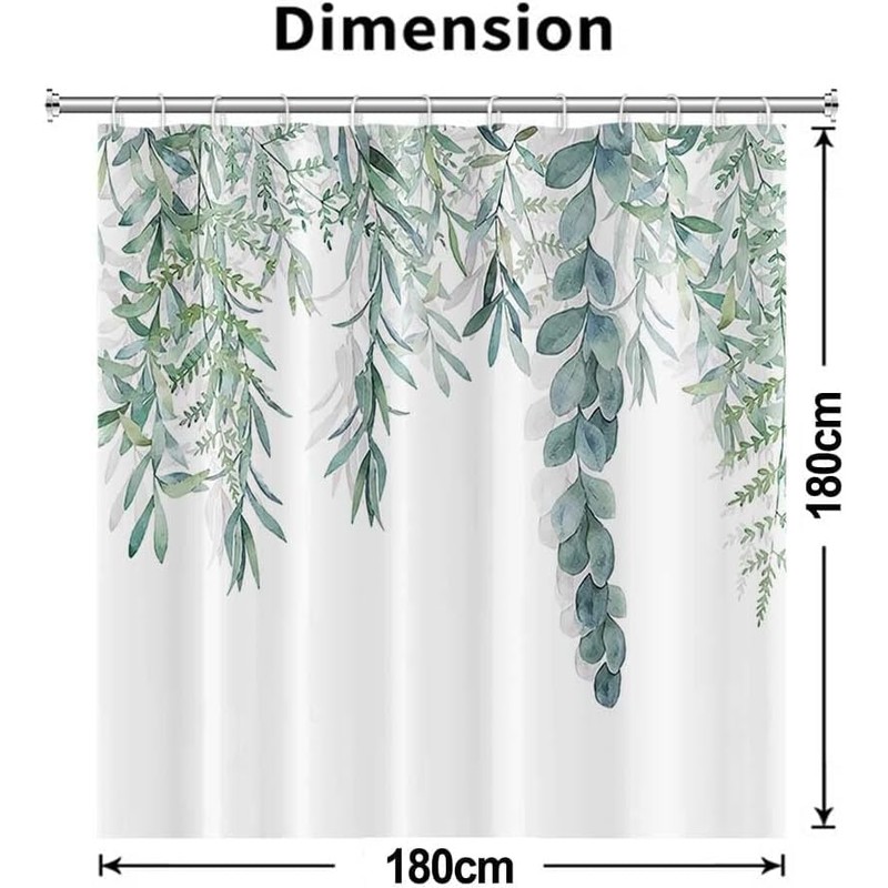 Uiiooazy Green Leaves Shower Curtain, Eucalyptus Leaf Plant Pattern, Textile