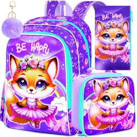 3PCS Fox Backpack for Girls, 16'' Kids Bookbag with Lunch Box, Cute Animal Water Resistant School Backpacks Set for Preschool Elementary Kindergarten Toddler