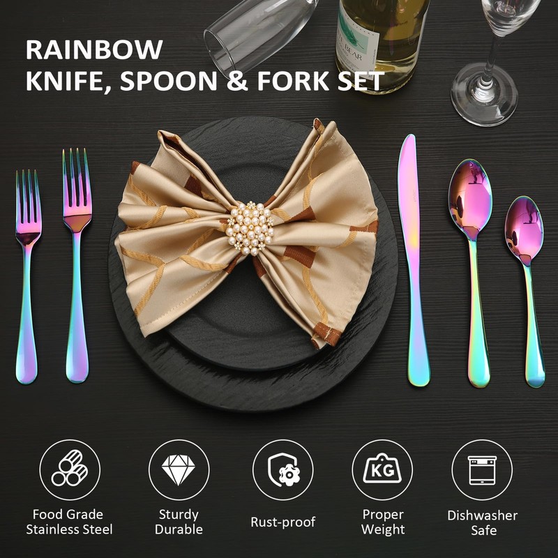 KOOMADE Rainbow Silverware Sets with Steak Knife - 24 PC