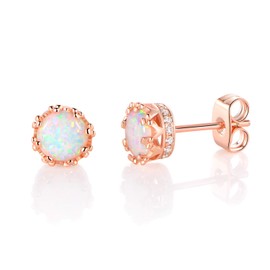 MDFUN Rose Gold Plated 6.0mm Round Brilliant Crown Opal and Cubic Zirconia Stud Earrings