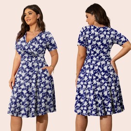 POSESHE Womens Blue Plus Size Dresses Vneck Short Sleeve Sundress Summer Cocktail Dress with Pockets,Blue Flower,2XL