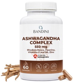 Bandini® Ashwagandha Complex KSM-66® High Strength with Rhodiola Rosea, Zinc, Vitamin E and B6 – High Dose Withania Somnifera – 60 Vegan Capsules – Boosts Energy & Mood - Natural Supplement, Non-GMO