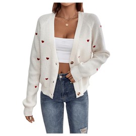GORGLITTER Women's Cardigan Casual Knitted Coat Outwear Pullover Thin Jacket Sweater Coat with Heart Embroidery, beige