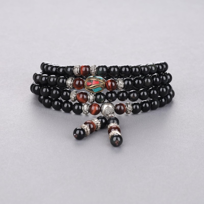 COAI 108 Mala Obsidian Wrap Bracelet, Obsidian, Tiger's Eye