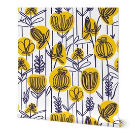 Spoonflower Commercial Grade Wallpaper Swatch - Yellow Floral Navy Leaf Pattern Watercolor Florals Circles Circle Modern Bright Traditional Wallpaper