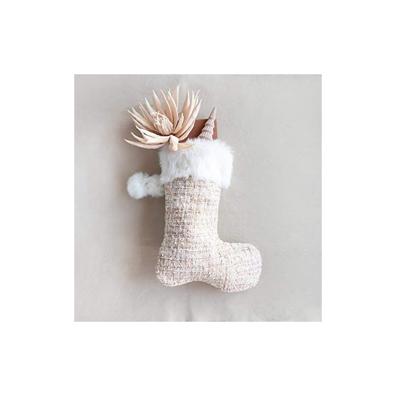 Creative Co-Op 19-1/2"H Fabric Bouclé Stocking w/Faux Fur Trim Poms,