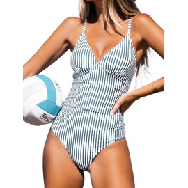 CUPSHE Women One Piece Swimsuit Bathing Suits Stripe Deep V Neck Tummy Control Low Back Adjustable Straps XL