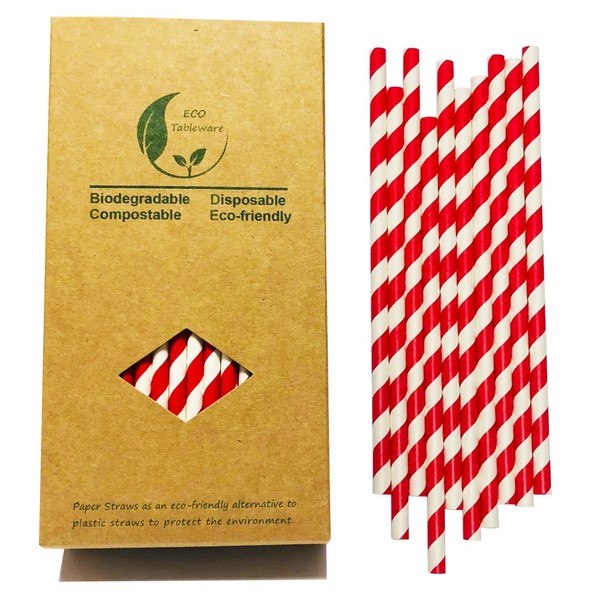White and Red Paper Straws 100% Biodegradable Disposable White Red Striped Straws for Christmas Party Decotion, 7.75 Inch, Pack of 100
