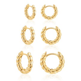 AIMCOO 3 Pairs 14K Gold Plated Hoop Earrings for Women, Lightweight Chunky Hoop Hypoallergenic Earrings Set, Trendy Twisted Huggie Hoops Earrings Jewelry, Birthday Gifts for Women (12mm 14mm 16mm)