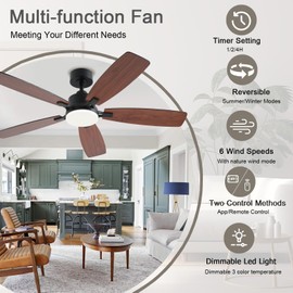 NKPU 52inch Ceiling Fans with Lights, Low Profile Ceiling Fan with Light and Remote/App Control, 2 Downrods, DC Reversible Motor, Noiseless, Dimmable Brown Ceiling Fan for Bedroom Livingroom