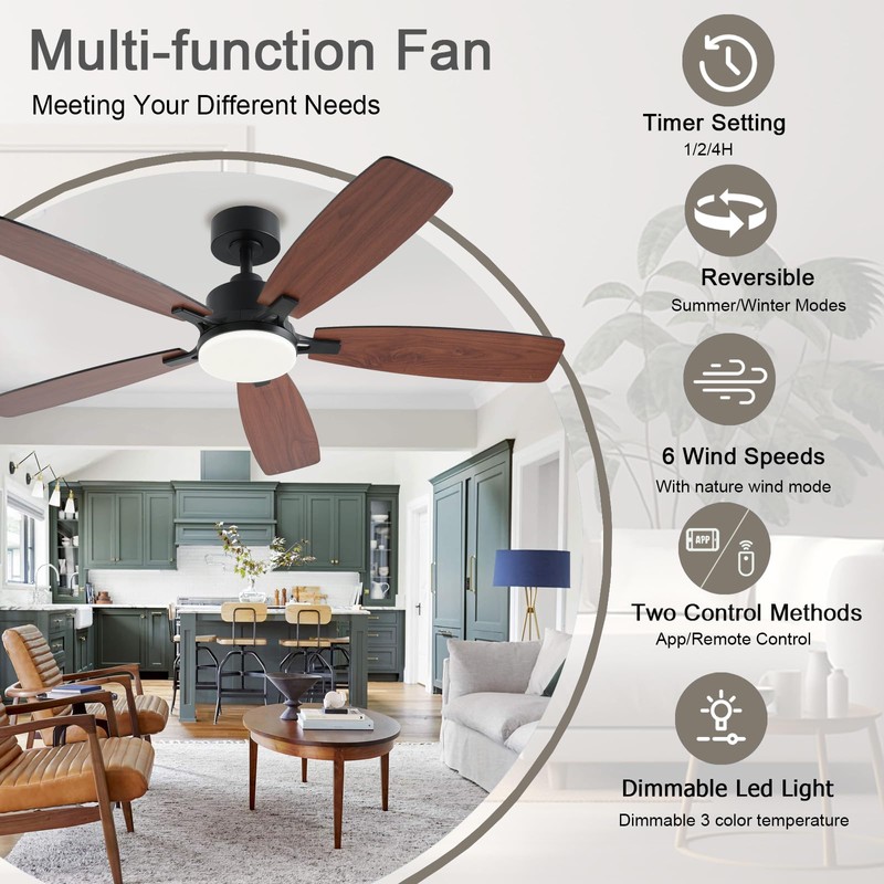 NKPU 52inch Ceiling Fans with Lights, Low Profile Ceiling Fan