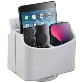 LAMOTI Leather Remote Control Holder, 360° Spinning TV Remote Caddy for Table, 5-Compartment Desk Organizer for Universal Remotes, Phones, Tablets, Pens, Eyeglasses & More (Grey)