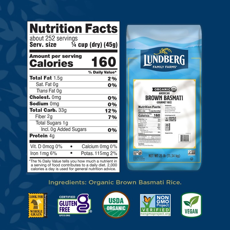Lundberg Organic Long-Grain Brown Basmati Rice, Bulk – Non-Sticky, Fluffy