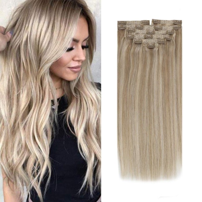 Sunny Clip in Hair Extensions Human Hair 18 inch Golden Blonde Highlighted Medium Blonde Real Human Hair Clip in Extensions Blonde 120g